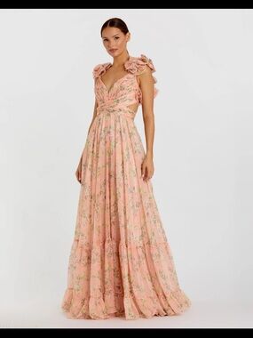 Mac Duggal Blush Floral Ruffle Lace-Up Back High-Low Gown